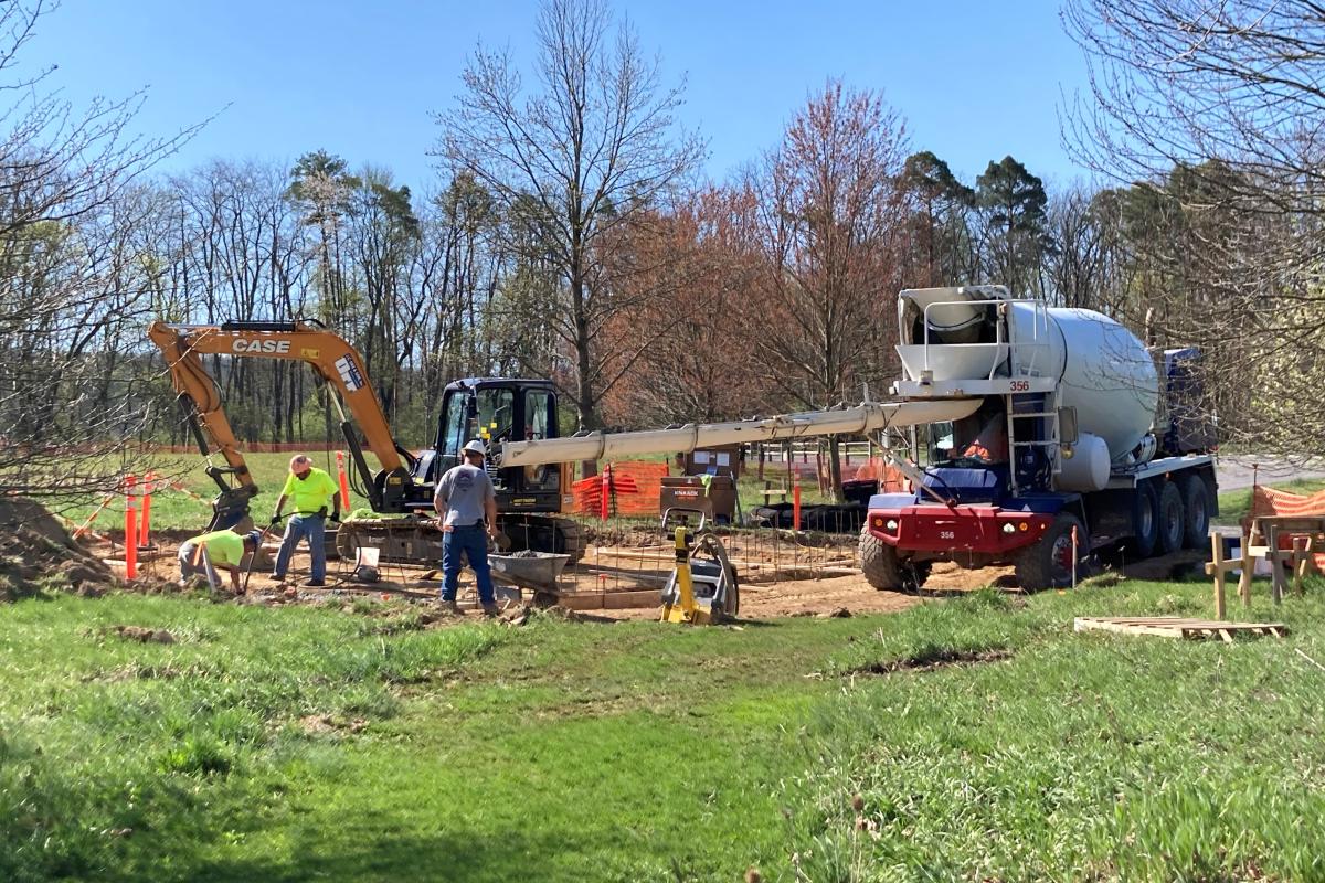 Specialists start the foundation pour of the Diane Kerly Welcome Pavilion on April 13th.